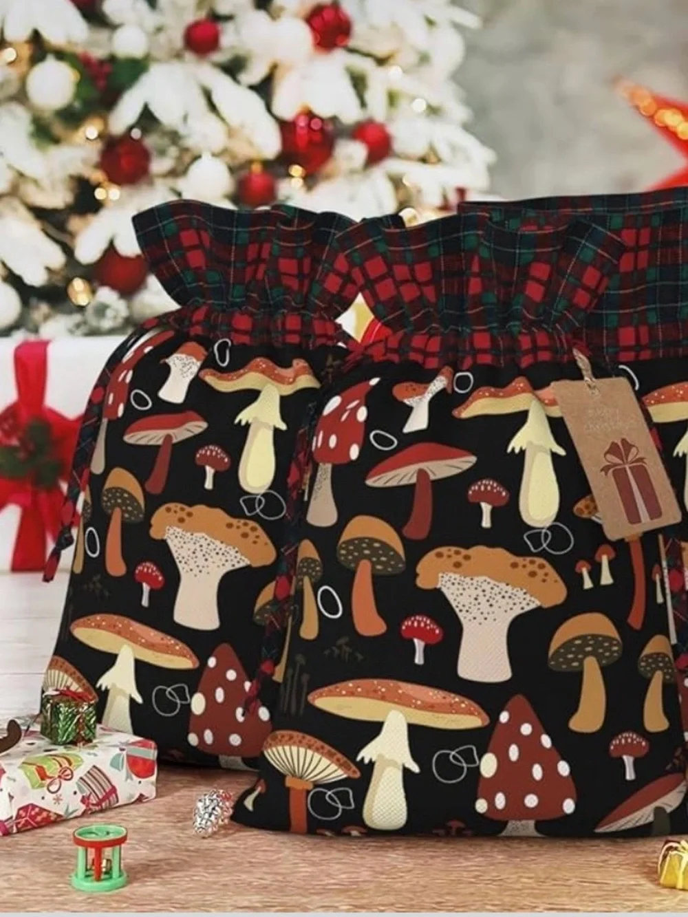 Mushroom Drawstring Gift Bag with Plaid Ruffle Top